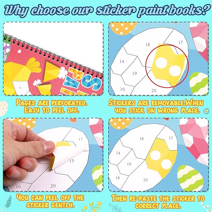 90shine 2PCS Easter Crafts for Kids Ages 4-8 Sticker Books Basket Stuffer Gift Create 22 Pictures