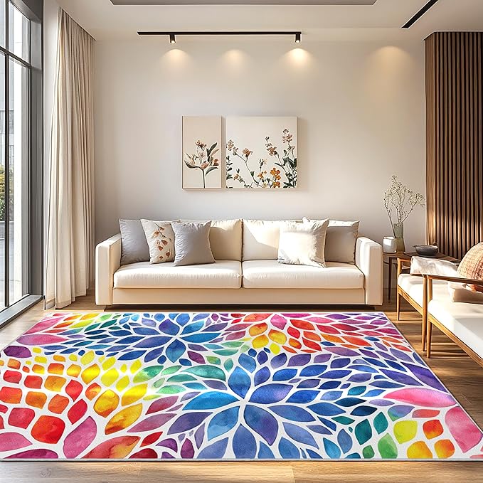 Abstract Colorful 5x7 Area Rug Modern Rainbow Dahlia Floral Rugs Multicolor Kids Area Rugs, Non-Slip Machine Washable Floor Carpet for Bedroom Living Room Playroom Classroom Dorm Office 5' x 7'