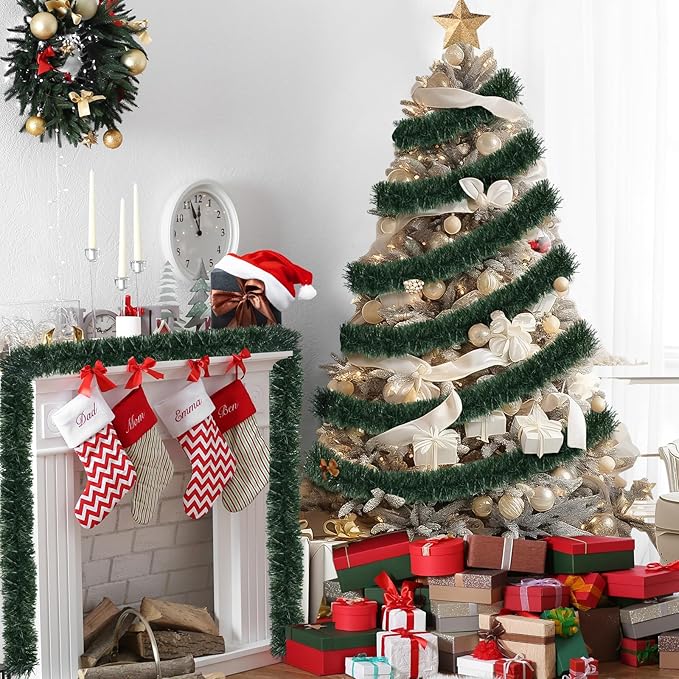 50FT PVC Green Christmas Tinsel Garland Tinsel Twist Greenery Garland for Christmas Tree Decorations, Xmas Tree Decor for Home Indoor Party Supplies