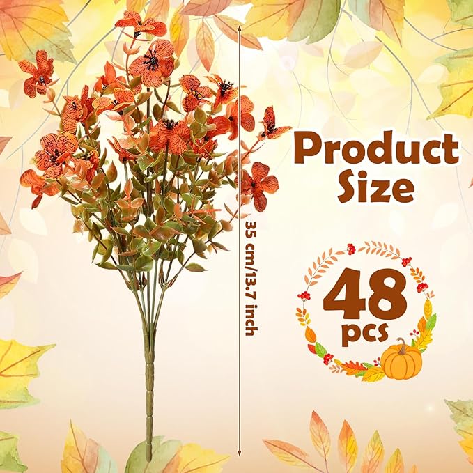 Zeyune 48 Bundles Fall Artificial Flowers Outdoor Decor, Orange UV Resistant Fake Autumn Mums for Thanksgiving, Halloween Pumpkin Porch, Window Box, Patio and Garden Decoration