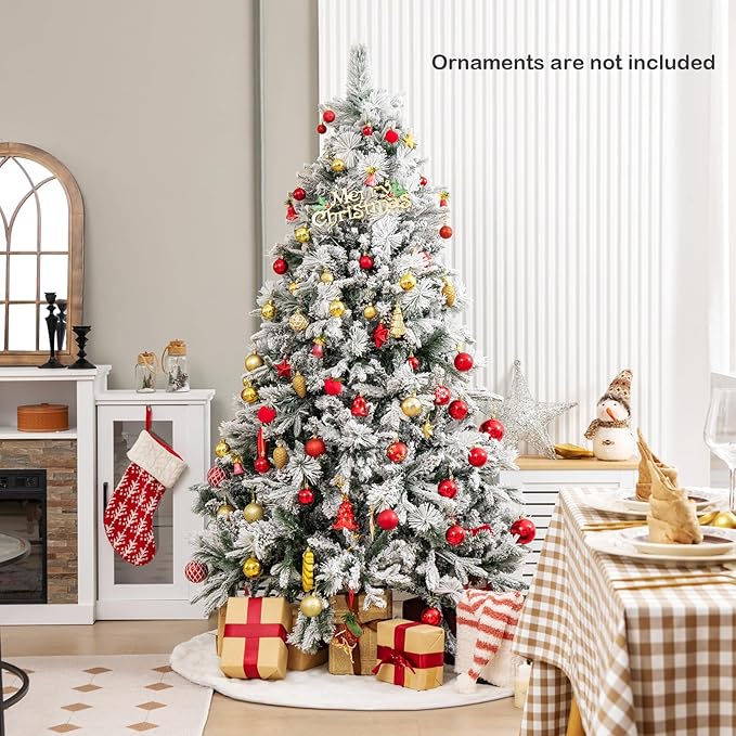 GOFLAME 6 FT Artificial Christmas Tree with Pine Needles, Snow Flocked Xmas Tree with 850 PE & PVC Branch Tips, 240 LED Lights & 34 Pine Cones, Hinged Decoration Tree with 8 Lighting Modes