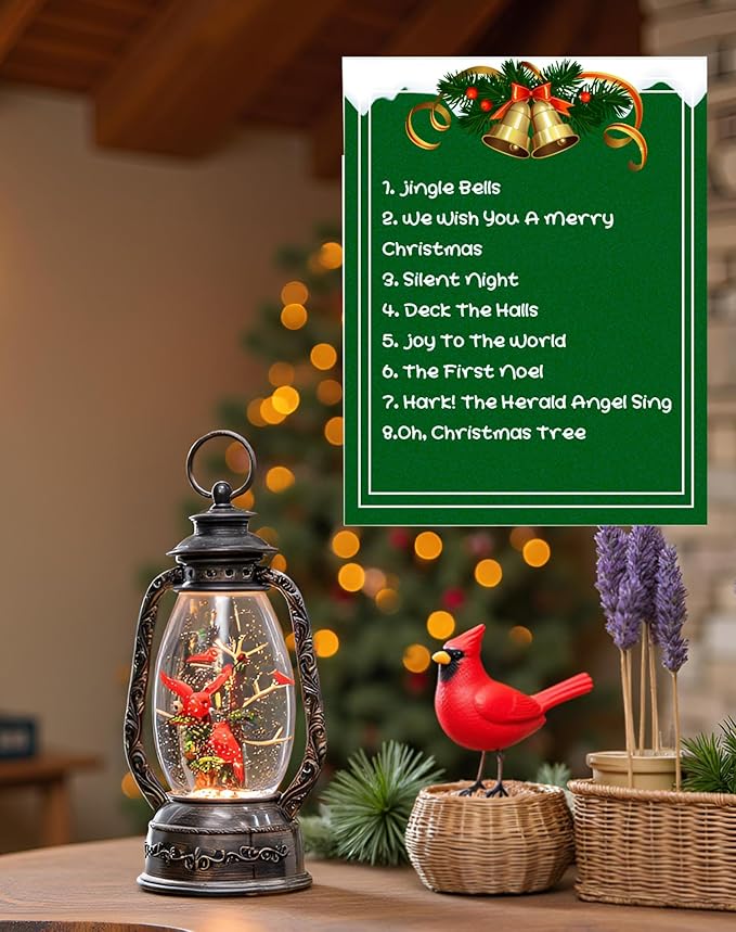 12" Christmas Snow Globe Lantern, Red Bird Music Box, Spinning Snowflake Glitter Water Lamp, USB and Battery Powered Christmas Decoration