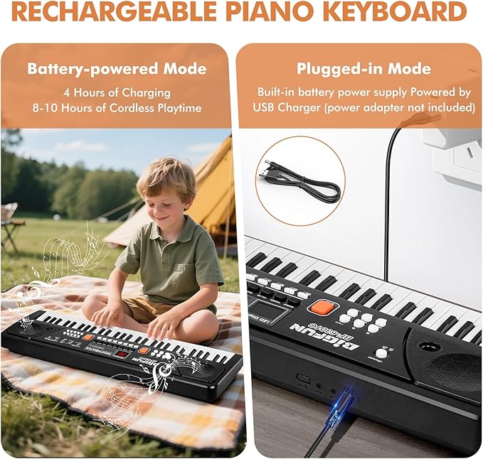 61-Key Kids Piano Keyboard for Beginners - Rechargeable Electronic Music Toy Piano with Music Stand Microphone LED Display AUX in - Birthday for 3-9 Year Old Boys Girls (Black)