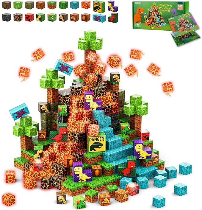 100 PCS Magnetic Blocks for Kids Ages 3 4 5 6 7 8 9 10, STEM Sensory Building Toys, Dinosaur Magnetic Toys, Christmas Birthday Gifts for Toddlers Boys & Girls