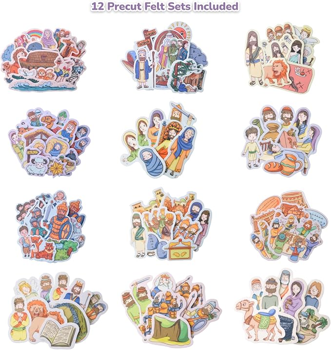 CHEFAN 12 Pack Felt Board Bible Stories Pieces,Flannel Board Stories for Preschool Activities Included a Felt Bag