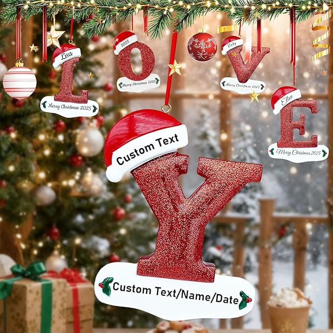 Personalized Letter Christmas Ornaments 2025, Custom Xmas Ornaments Decorations for Christmas Tree with Name 3D Resin Xmas Hanging Pendant Original Gifts for Family Friends (Y)