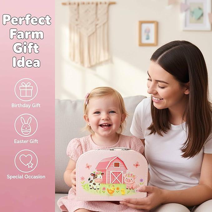 Toddler Farm Theme Tea Set for Girls 3-5, 47PCS Plastic Barn Animal Pretend Play Tea Party Set with Teapot, Cups, Tray, Desserts & Story Cards, Carrying Case Pink Gift Toy for Kids