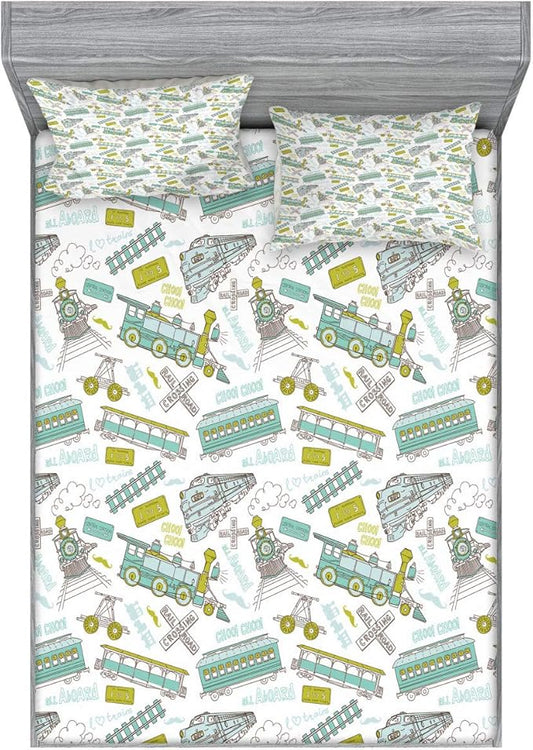 Ambesonne Steam Engine Fitted Sheet & Pillow Sham Set, Choo Choo Train Pattern and Number Signs Vintage Travel Theme Print, Decorative Printed 2 Piece Bedding Decor Set, King, Apple Green Turquoise
