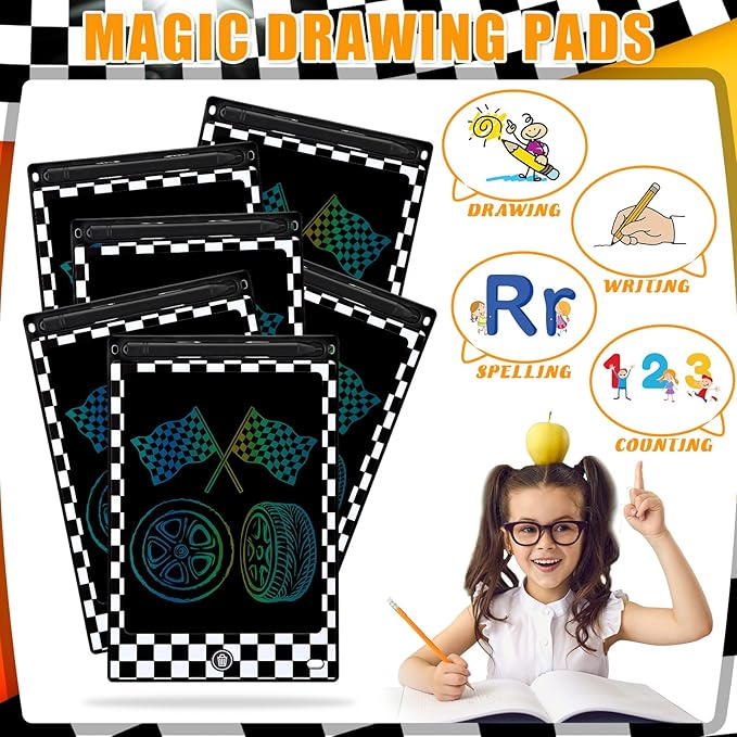 Nezyo 12 Pack Large Race Car Party Favors LCD Writing Tablet for Kids 8.5 Inch Race Car Drawing Tablet Erasable Reusable Electronic Black and White Checkered Drawing Pads for Birthday Supplies Gifts