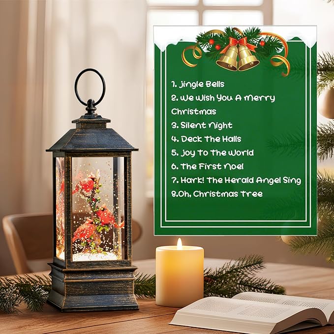 10" Snow Globe Lights, Shimmering Music Box, USB and Battery Powered Christmas Decorations Gift (Three Cardinals)