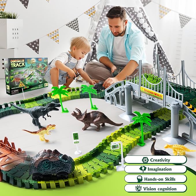 218 PCS Race Tracks Dinosaur Toys for Kids 3-5, Glow in The Dark Magic Toy Set, 2 Dinosaur Cars Track, Flexible DIY Track Set, Birthday Gift for Age 3-9 Boys Toddler Girls