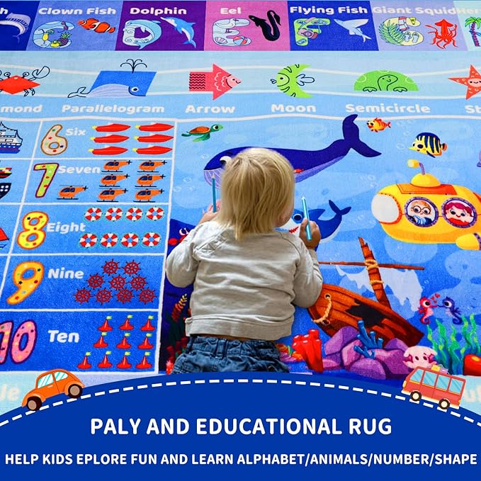 ABC Kids Rug for Playroom 59"×39.4" Ocean Rug Baby Play Mat Alphabet Carpet Sea Animal Number Shape Classroom Kids Playroom Mat Early Learning Carpet for Preschool Toddlers