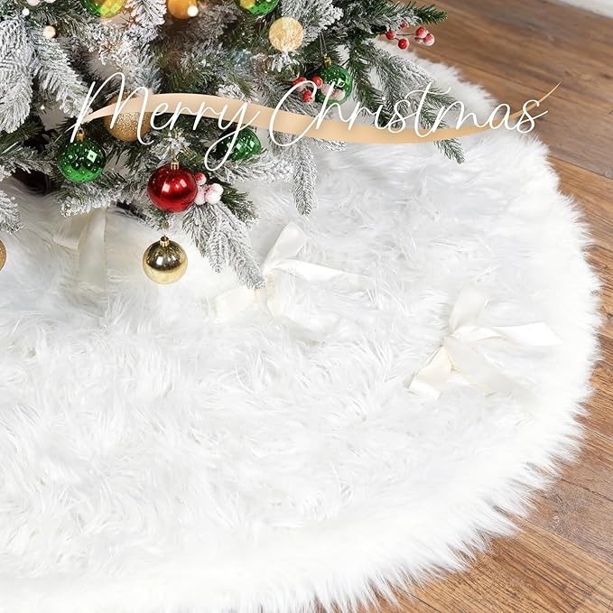 60 Inch White Faux Fur Christmas Tree Skirt with 4.5" Extra Long Pile– Ultra Plush Snow-Like Tree Collar for 6-9 Ft Trees