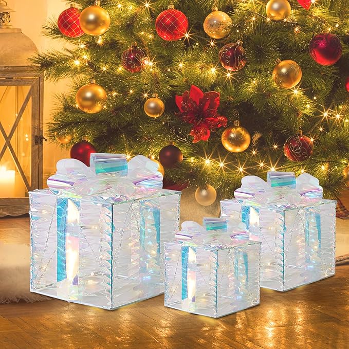 Christmas Light Gift Box Decorations, 3-Piece Set, Pre-Strung Wired Gifts with Bows, Illuminate Christmas Tree Skirt Decorations. Suitable for Indoor and Outdoor Use.（White）