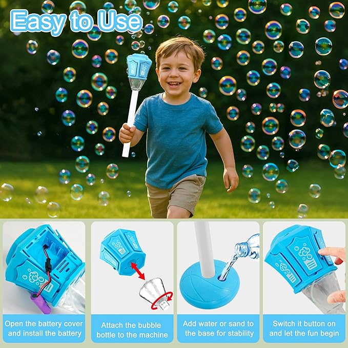 Bubble Machine for Kids with Lights & Music, 47” Automatic Bubble Stand Blower Wand, Rechargeable Outdoor Toy for Teens & Adults, Includes 150g Bubble Solution
