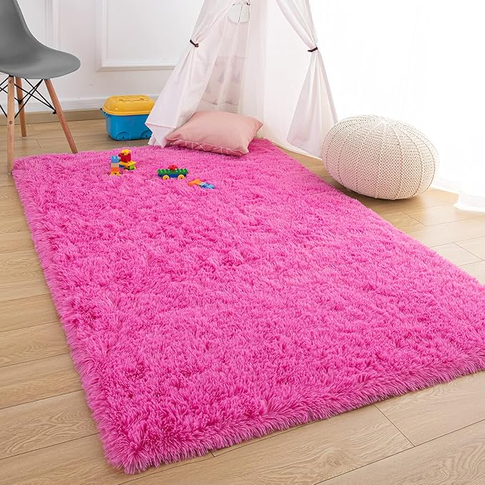 Ompaa Fluffy Runner Rugs, 2x6 Feet Hot Pink, Super Soft Shaggy Carpet Fuzzy Long Fur Rug for Bedroom Living Room Dorm, Plush Kids Playroom Baby Girls Nursery Decor Mats