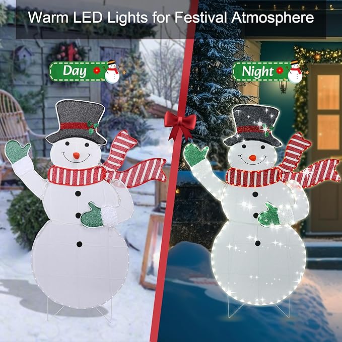 VCUTEKA Christmas Outdoor Decorations - 5.3FT Christmas Glittering Snowman with Red Scarf and Black Hat LED Light for Xmas Home Yard Patio Lawn Garden Festive Holiday Décor