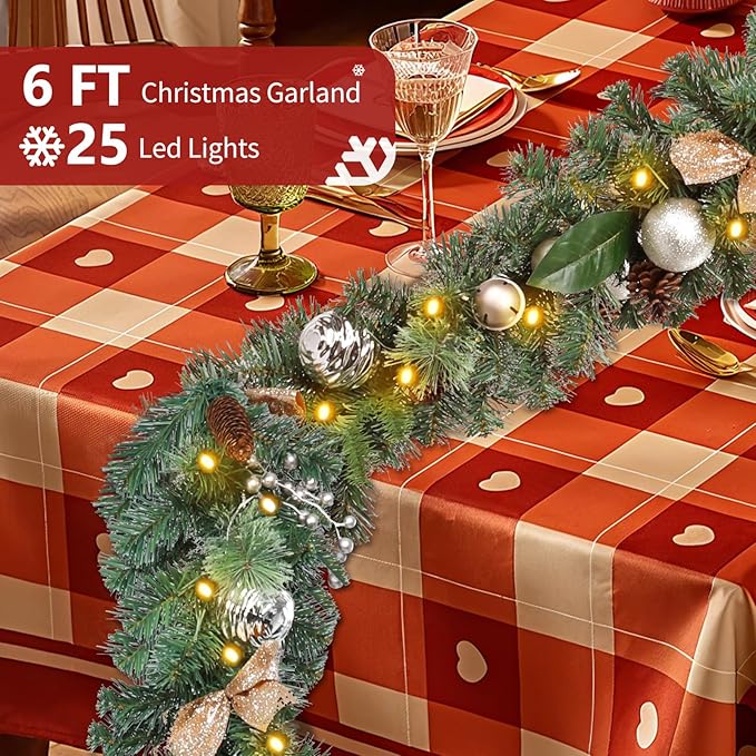 Christmas Garland Lighted Indoor Outdoor Decorations Artificial Christmas Garlands with Light Mantel Pine Cone for Door Porch Holiday Party Outdoor Indoor Xmas Decor 6FT Gold B