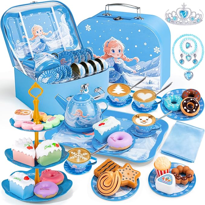Tea Party Set for Little Girls, 49PCS Princess Tea Time Toys Including Teaset Dessert Carrying Case, Kids Pretend Play Kitchen Toys, Toddler Girl Birthday Gifts for 3-8 Year Old, Snowflake