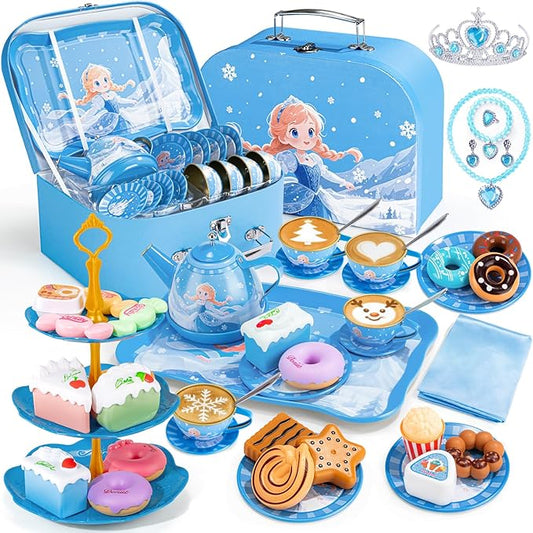 Tea Party Set for Little Girls, 49PCS Princess Tea Time Toys Including Teaset Dessert Carrying Case, Kids Pretend Play Kitchen Toys, Toddler Girl Birthday Gifts for 3-8 Year Old, Snowflake