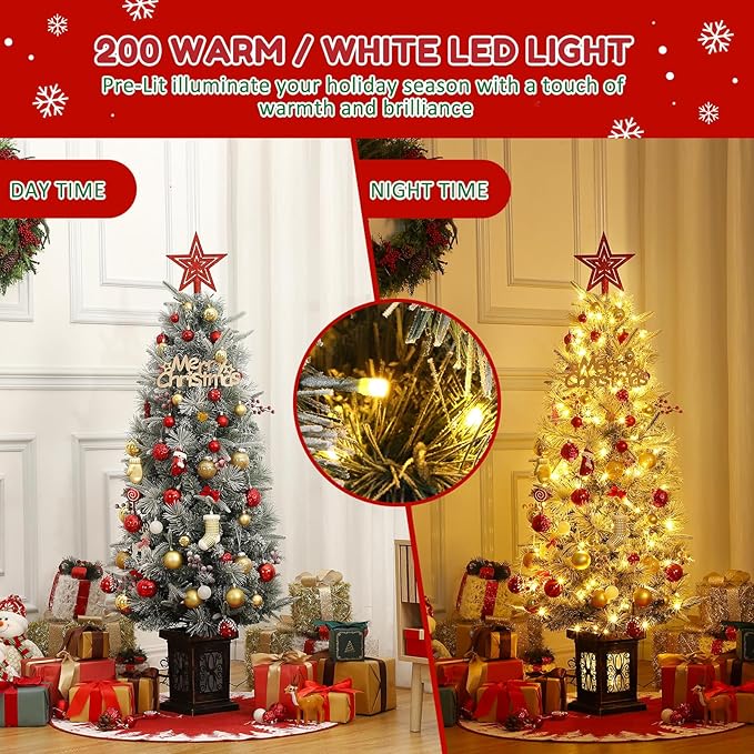 Garvee Pre-lit Artificial Christmas Tree with Warm White Lights, Snow Flocked Full Christmas Tree 4.5 ft with 8 Light-Modes, Pre Lighted Xmas Tree W/386 Branch Tips, 200 Light & Antique Urn Base,1 PCS