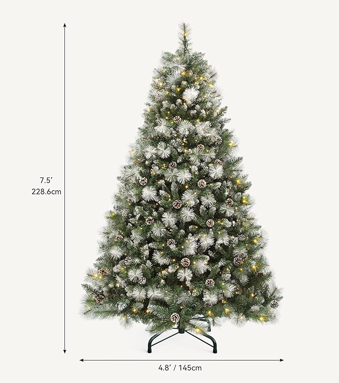 DWVO Prelit Christmas Tree 7.5ft with 77 Pine Cones & White Pine Needle, Atificial Tree with 750 LED Lights, Full Green Xmaxs Trees with 1399 Metal Hinged Branch Tips & Stand Remote Controlled