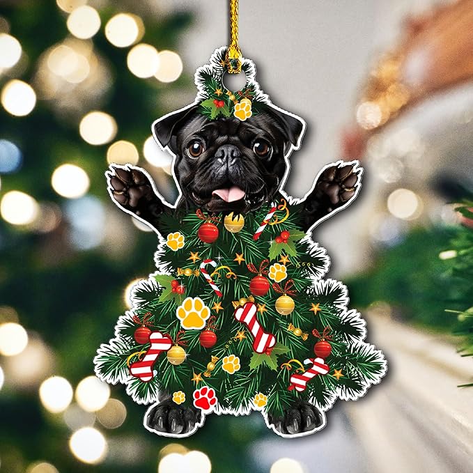 2025 Black Pug Dog Christmas Ornament - Adorable Dog Dressed as a Christmas Tree - Fun and Festive Acrylic Decoration (Black Pug Tree)