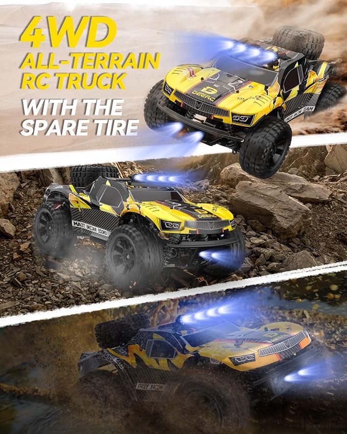 DEERC 9201E 1:10 Large Remote Control Truck with Lights, Fast Short Course RC Car, 48 km/h 4x4 Off-Road Hobby Grade Toy Monster Crawler Electric Vehicle with 2 Rechargeable Batteries for Adult Kid Boy