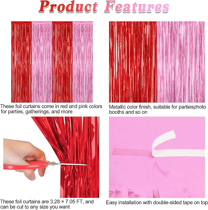 2 Pack Backdrop Curtains, 3.28 Feet x 7.05 Feet Red Pink Backdrop, Metallic Fringe Curtains Tinsel Backdrop Party Streamer, Babie Backdrop Happy Birthday Party Supplies Decorations