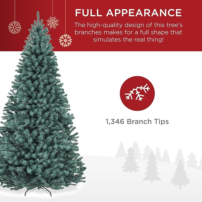 Best Choice Products Artificial Christmas Tree, 7.5ft Premium Unlit Realistic Spruce Holiday Décor w/Dense Branches, Metal Base – Blue Spruce