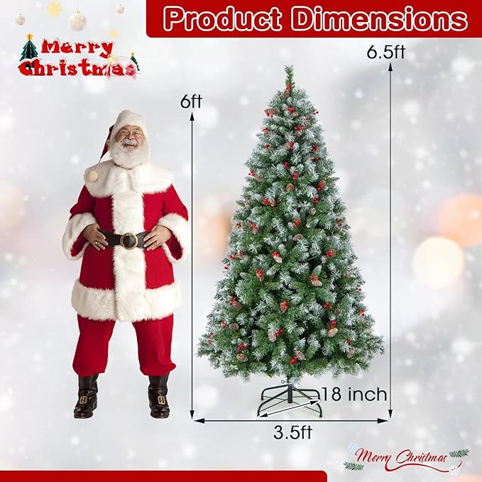 Goplus 6.5ft Pre-Lit Christmas Tree, Artificial Hinged Xmas Tree with 420 Warm-White LED Lights, 8 Lighting Modes, 909 Branch Tips, Red Berries & Pinecones, for Holiday Party Office Home Decor