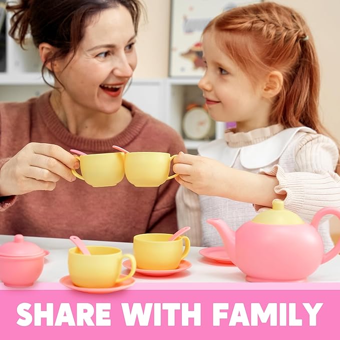 JOYIN 18PCS Pretend Tea Party Set, Pink Plastic Tea Set, Mini Kitchen for Kids, Gifts for Toddler Boys Girls, Gift for Christmas