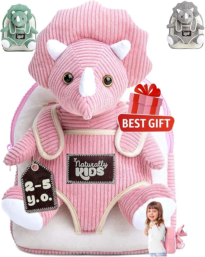 Naturally KIDS Pink Triceratops Toy, Triceratops Stuffed Animal for 2 3 4 5 Year Old Girl, Stuffed Dinosaur for Girls, Pink Toddler Backpack