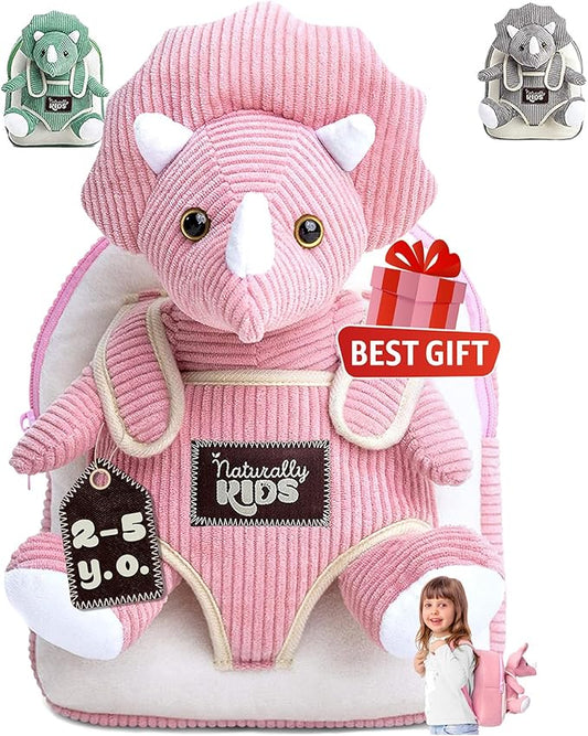 Naturally KIDS Pink Triceratops Toy, Triceratops Stuffed Animal for 2 3 4 5 Year Old Girl, Stuffed Dinosaur for Girls, Pink Toddler Backpack