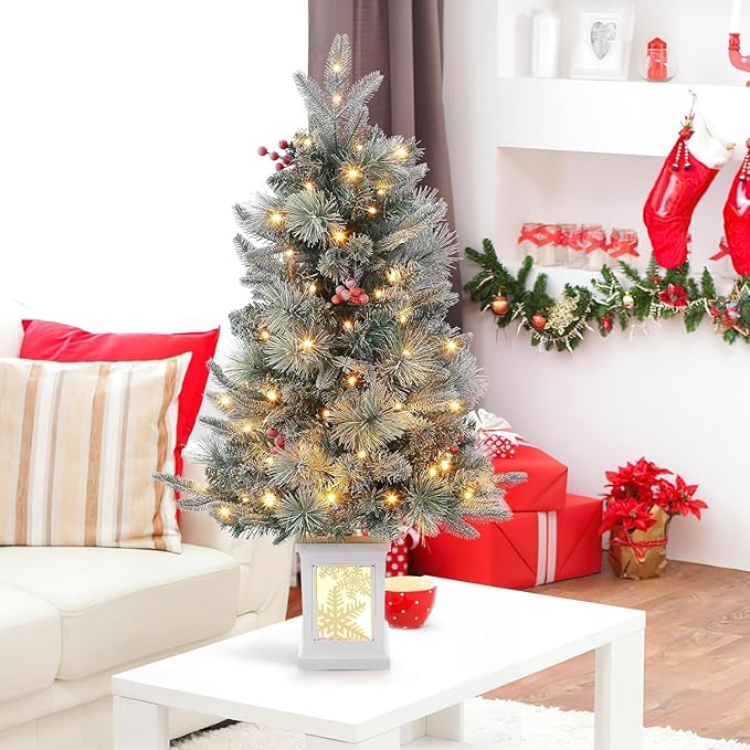 3FT Prelit Artificial Christmas Tree with Lights, 3 Foot Artificial Christmas Tree with Snowflake Base, 78 LED Prelit Christmas Tree, Battery Operated, Timer, Easy Assembly, Winter Holiday Decor