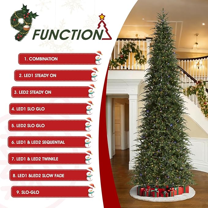 Glitzhome 15ft Prelit Christmas Tree, Hinged Slim Artificial Christmas Tree, Radiant Evergreen Fir with 1500 Warm White/Multi-Color LED Lights,9 Function,w/Remote Control,Easy Assembly
