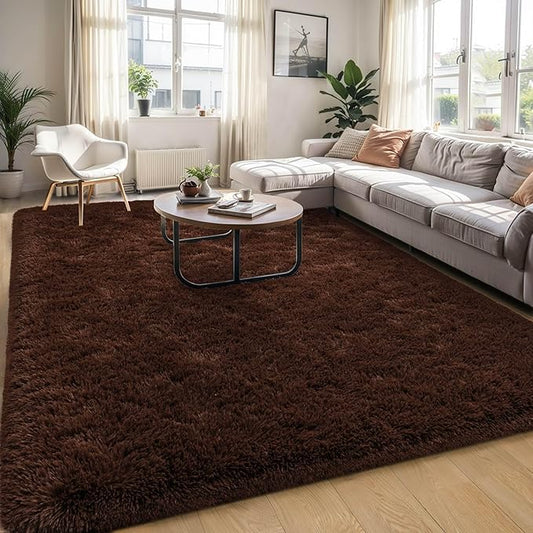 6x9 Living Room Area Rug Non Slip, Fluffy Brown Bedroom Rugs, Large Shaggy Carpet Machine Washable for Nursery Classroom Kids Babys Dorm Home Decor
