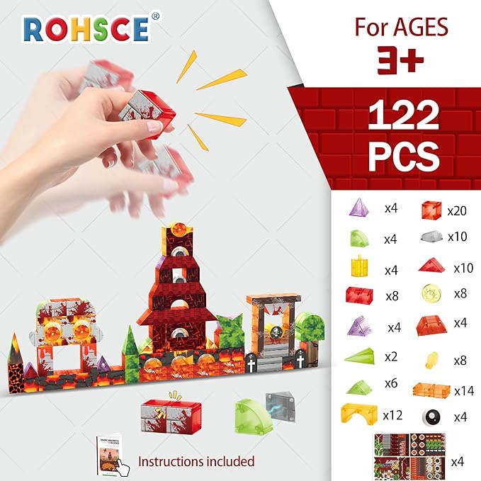 Magnetic Blocks 122PCS - Flame Theme Translucent Shapes, STEM Preschool Construction kit, Safe ABS no-Odor, CPC ASTM Compliant, Travel-Ready Ages 3–12, Ideal Birthday