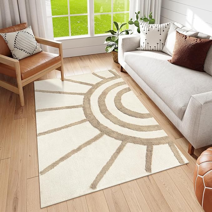 OJIA Boho 4'X6' Washable Rug, Cotton Tan Bedroom Rug Bohemian Area Rugs for Living Room/Kids Room, Tufted Sun Rug Nursery Rug Modern Farmhouse Floor Carpet for Bedside/Dorm