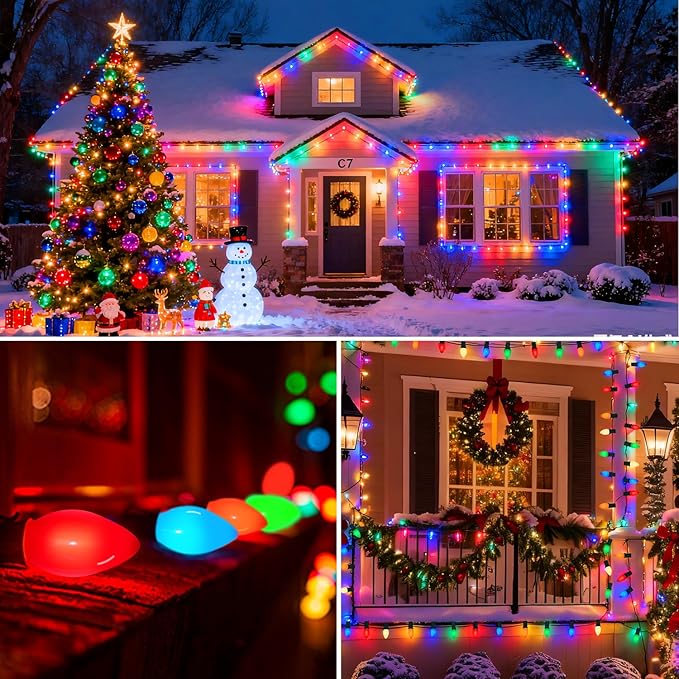 25FT C7 Ceramic Multicolor Christmas Lights Outdoor, Vintage Christmas Lights Green Wire with 25+2 Multicolored C7 Light Bulbs, Hanging String Light for Xmas Tree Home Yard Party Decor, 5W, E12 Base