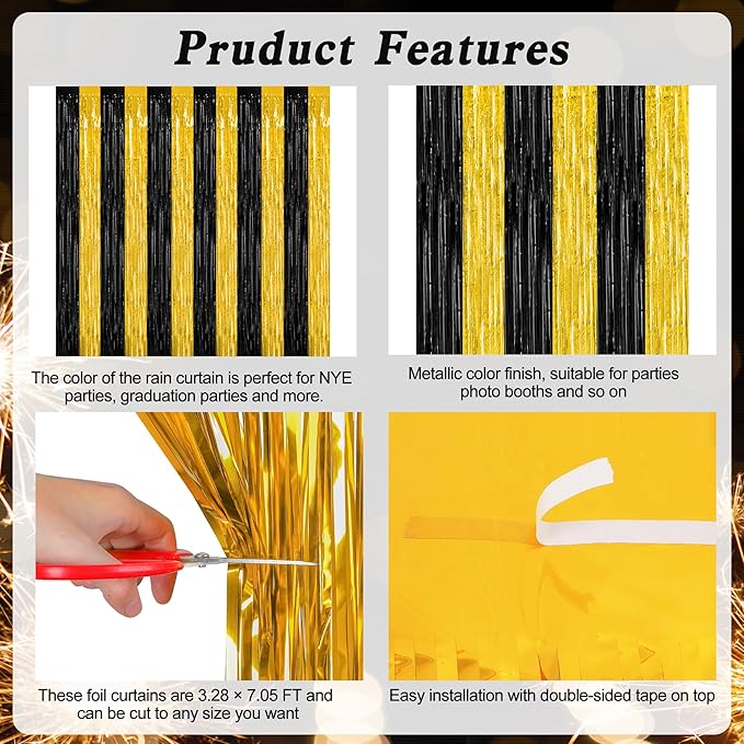 2 Pack Graduation Backdrop, 3.28 FT x 7.05 FT Black and Gold Foil Fringe Curtains, Metallic Foil Curtain Graduation Backdrop, Grad Party Supplies Black and Gold Party Decorations Class of 2025