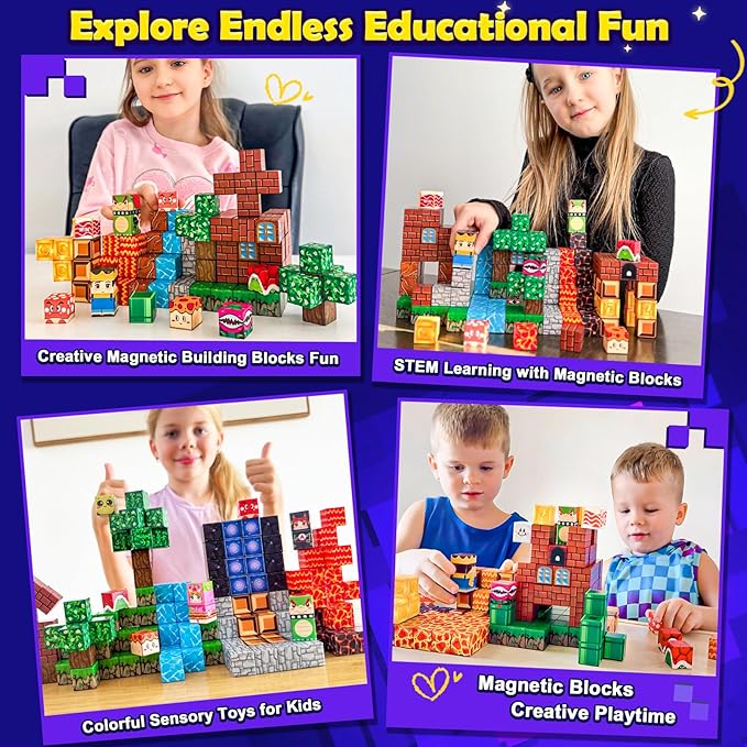 200PCS Magnetic Blocks Toys for Kids Ages 3-5 6-8 8-12 with Magnetic Board Sensory Kids Toys Stacking Blocks, Build Mine Magnet World-3 4 5 6 7 8 9 10 Year Old Boy Girls Birthday Gifts