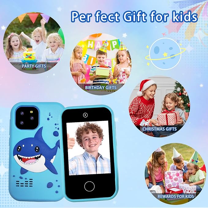 Kids Smart Phone, Shark Toys Phone for Boys 3-12 , Dual Camera, 2.8'' Touchscreen Kid Phones, Educational Toy for Toddler Kids Christmas Birthday Gifts, ABC Learning, Habit Tracker 32 GB Card Blue