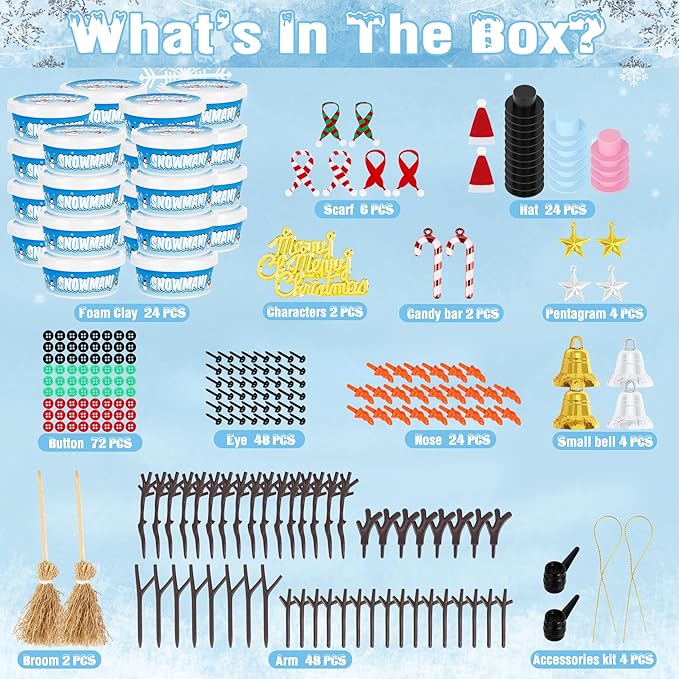 24 Pack Build a Snowman Kit, Snowman Kit Inspiring DIY Christmas Crafts for Kids, Creative Air Dry Clay Modeling Indoor Decorations, Kids Christmas Snowman Crafts Gift for School Winter Party Fun