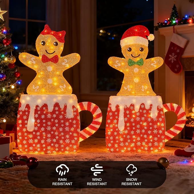 2D Light Up Gingerbread Man Christmas Decorations, 42 Inch Lighted Christmas Outdoor Decorations Yard with 160L, 2Pcs Gingerbread Man Couple Xmas Festive Holiday Front Garden Patio Yard Lawn Display
