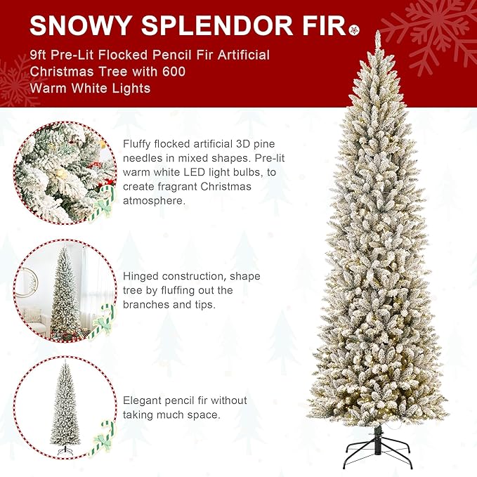 Glitzhome 9ft Prelit Christmas Tree, Snow Flocked Christmas Trees with 600 Warm White Lights, Pencil Christmas Tree Snowy Splendor Fir Artificial Tree w/1860 Branch Tips and Foldable Metal Stand