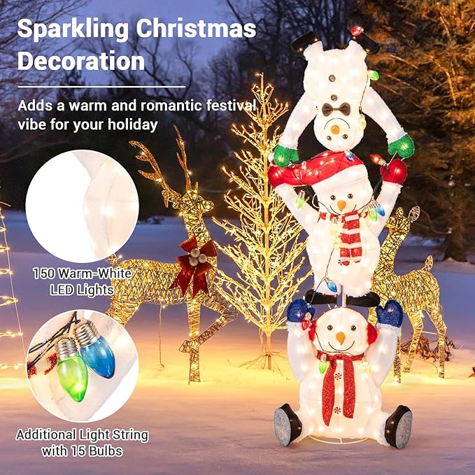 Tangkula 5.6 FT Lighted Christmas Stacked Snowmans Decoration, Pre-Lit Snowman Ornament with LED Lights, Light String, Outside Xmas Yard Decor, Xmas Display Indoor Outdoor Holiday Decor