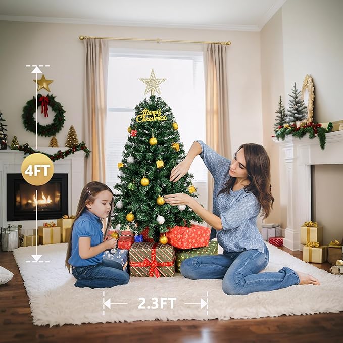 Bonnlo Artificial Christmas Tree, Upgraded Full 4ft Christmas Tree w/ 346 Branch Tips, Small Xmas Tree for Home, Office, Party Decoration, Green