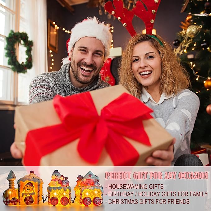 Christmas Table Decorations Indoor Train, Candy Cane Christmas Decorations for Tabletop, Xmas Pink Lighted Centerpieces Table Decorations for Home Outdoor, Xmas Train Decor Figurines