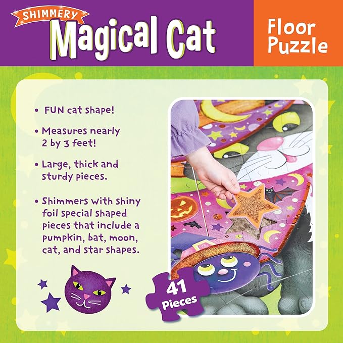 Peaceable Kingdom Shimmery Magical Cat Floor Puzzle, Giant Halloween Puzzle for Kids Ages 3 & up, Fun-Shaped Puzzle Pieces, Great for Classrooms